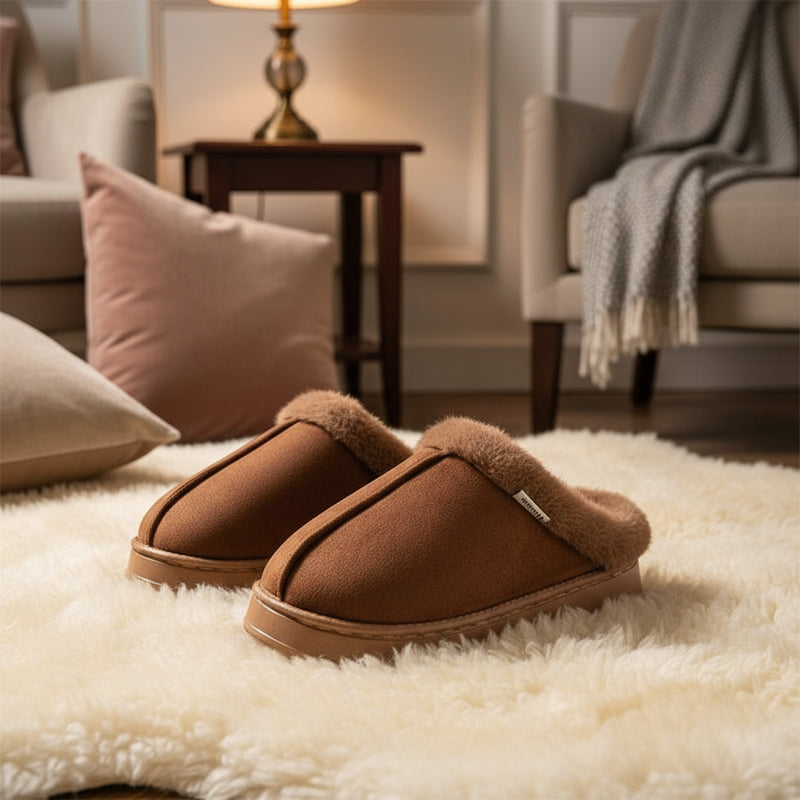 Pair of brown slippers with fuzzy trim on a white background