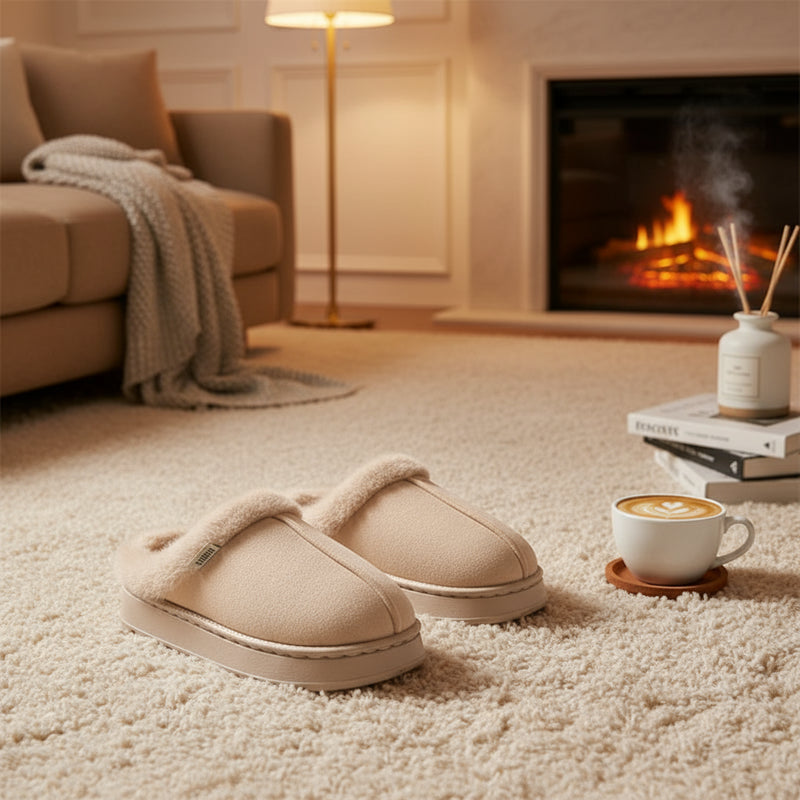 Pair of beige slippers with fluffy interior on a white background